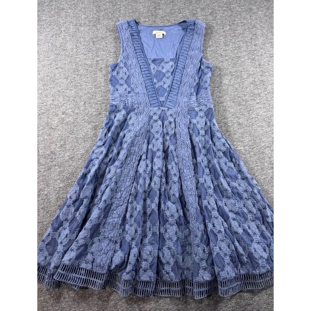 Sundance Blue Floral Lace Crochet Trim Sleeveless Fit Flare Dress V-Neck